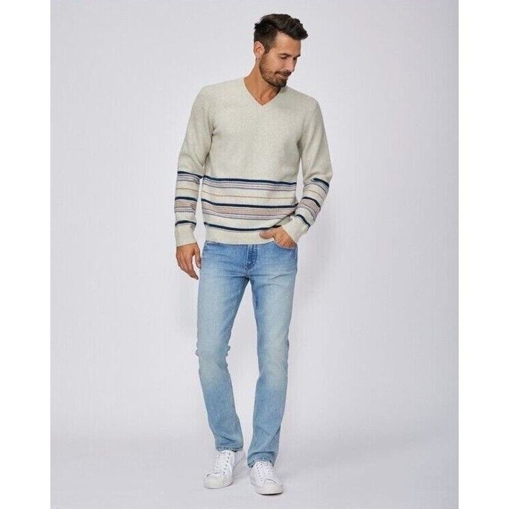 NEW NWT Sz XL Mens Paige Ivory Striped Cormac V-Neck Sweater in Desert Morning